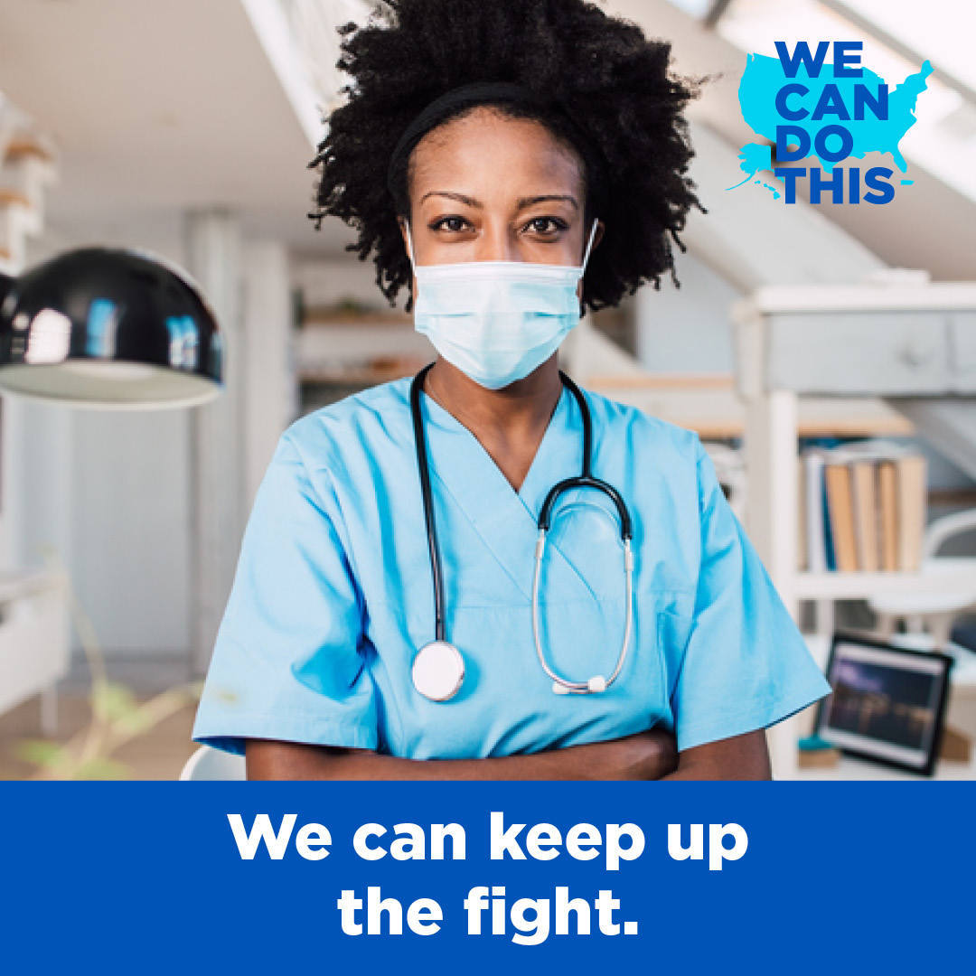 Photo of doctor with text: We can keep up the fight