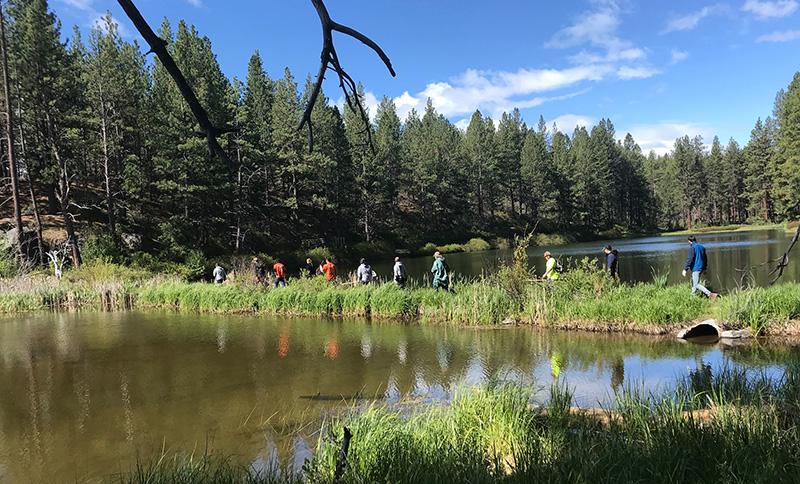Hear of Oregon AmeriCorps members hike through the Deschutes National Forest for a team building exercise in May.